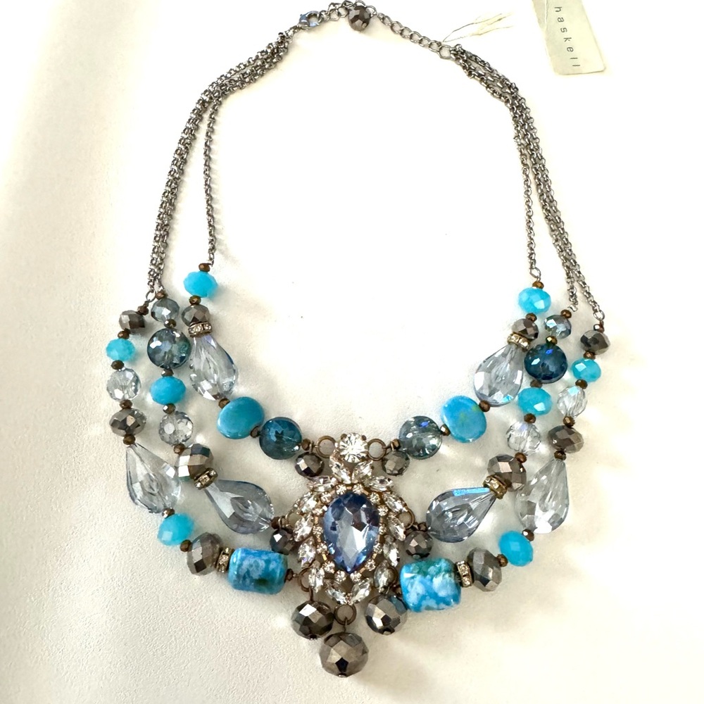 Trendy Aqua blue rhinestone Beaded necklace 3 Strand Bib Evening Party Glam